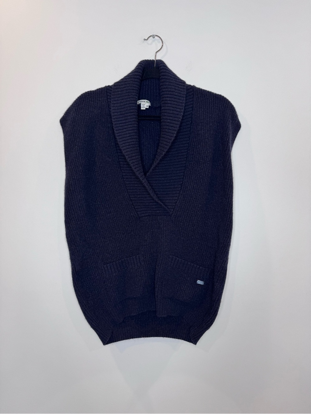 Lacoste Mens XL Sleeveless Shawl Collar Sweater Vest Navy Blue Wool